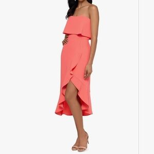 Xscape Coral Strapless Ruffle Asymmetrical  Size 10 Perfect Wedding Guest Dress!
